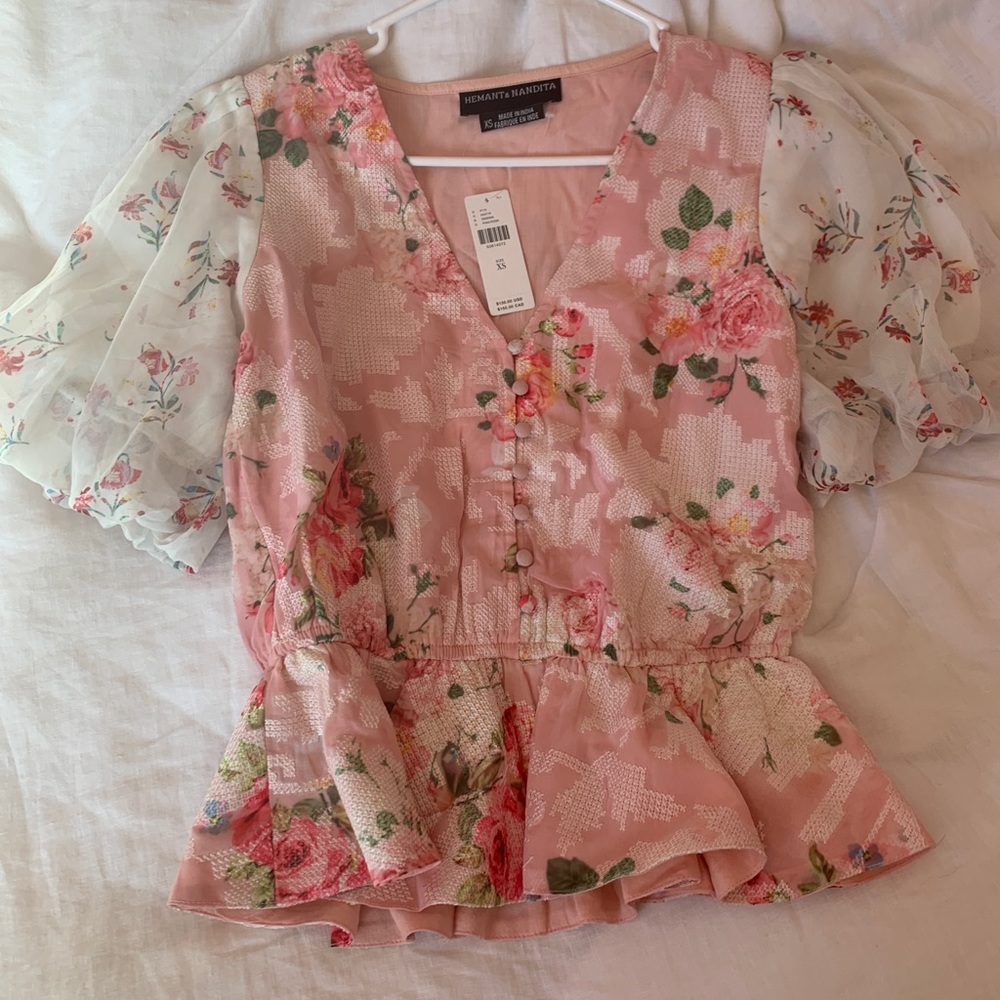 NWT Anthropologie silk puff sleeve floral shirt